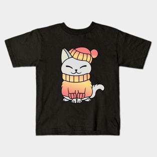 Cute Cozy Colorful Snow Winter Cat Kitty Kids T-Shirt